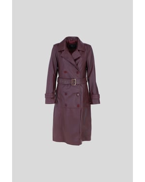 Real Leather Double Breasted Trench Coat with Waist Belt