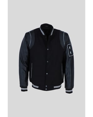 'B' Wool and Real Leather Baseball Jacket with Striped Collar