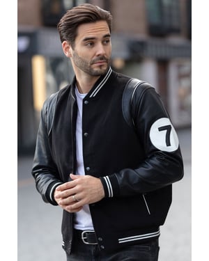 '7' Wool and Real Leather Varsity Jacket with Striped Collar