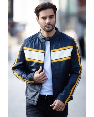 'Lambert' Real Leather Racing Stripe Details Biker Jacket