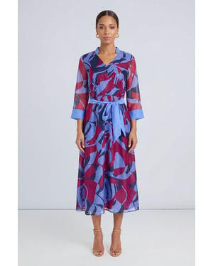 Mix Print Organza Belted Midi Dress