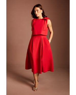 Sleeveless Bow Shoulder Midi Dress With Bodice Overlay