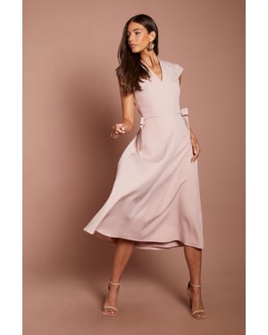 Bow Waist Detail Cap Sleeve Midi Dress