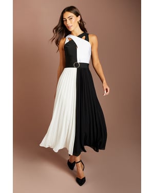 Bandage Cross Neck Pleated Skirt Midi Dress