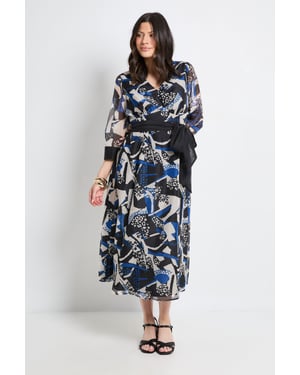 Mix Print Organza Belted Midi Dress