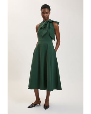 Compact Stretch Bow Tie Neck Full Skirted Midi Dress