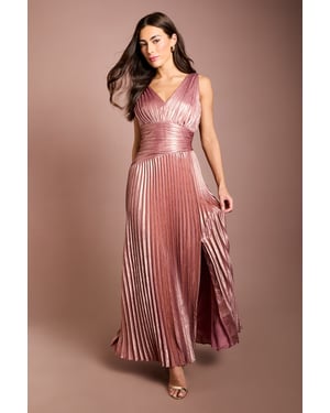 Wrap Waist Detail Pleated V Neck Maxi Dress With Split