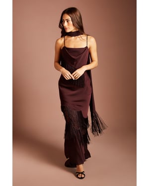 Fringe Detail Strappy Maxi Dress With Scarf