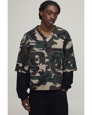 Camo Oversized Boxy Faux Layer Denim Football T-Shirt