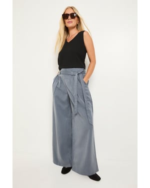 Petite Denim Look Belted Wide Leg Trouser