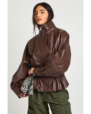 Pebbled Faux Leather Cinched Waist Funnel Neck Jacket