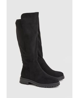 Wide Fit Bank Faux Leather Stretch Knee High Boots