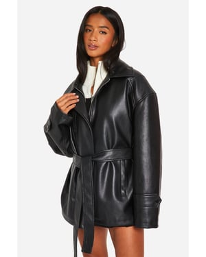 Petite Belted Faux Leather Trench Coat