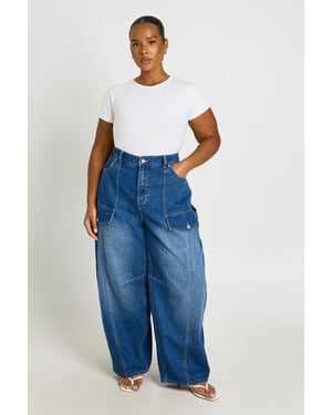Plus Mid Waist Cargo Utility Barrel Jean