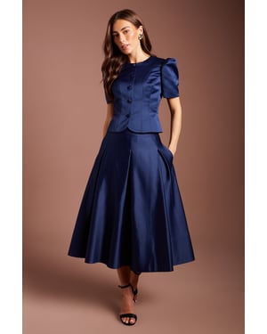 Satin Pleat Front Midi Full Skirt