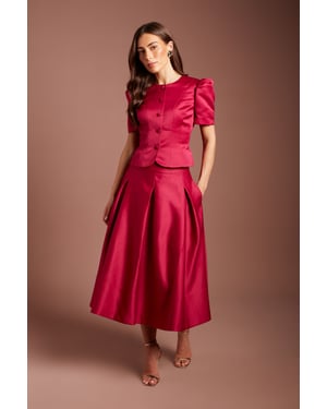 Satin Pleat Front Midi Full Skirt
