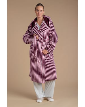 Burgundy Fluffy Hooded Stripe Dressing Gown