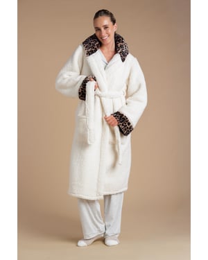 Ivory Leopard Hood Sherpa Dressing Gown