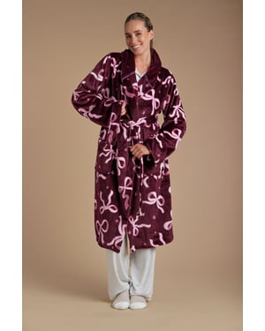 Burgundy Bow Print Fluffy Hooded Dressing Gown