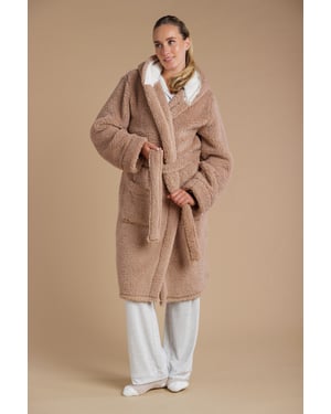 Tan Fluffy Hooded Dressing Gown