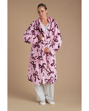 Pink Bow Print Fluffy Hooded Dressing Gown