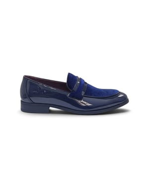 Men's Navy Slip-on Fuax Leather Velvet Detailed Patent Loafers - N10312