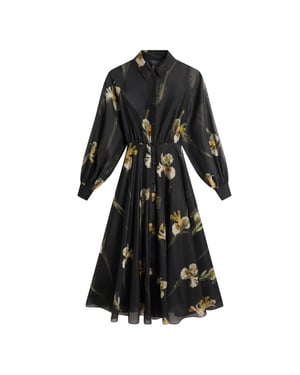 Ted Baker Liorra Zwarte Midi-jurk Van Bedrukte Organza Met Ceintuur
