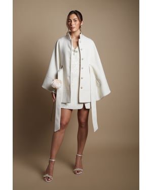 Faux Pearl Button Detail Belted Occasion Cape