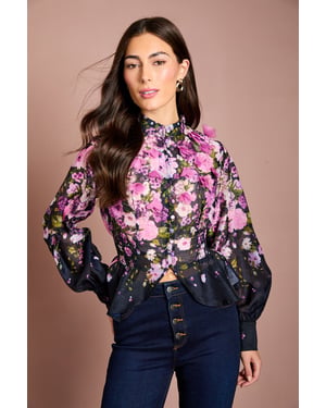 3D Flower Printed Organza Blouse