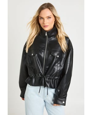 Petite Funnel Neck Faux Leather Jacket
