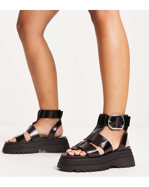 ASOS DESIGN Wide Fit Factor buckle hardware fisherman flat sandals in black