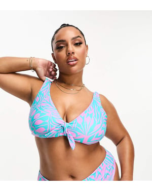 Simply Be reversible knot front bikini top in blue and pink print
