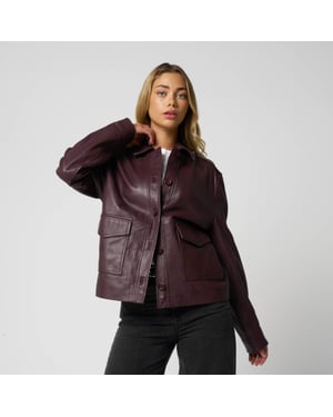 Barneys Originals Real Leather Utility Jacket In Burgundy
