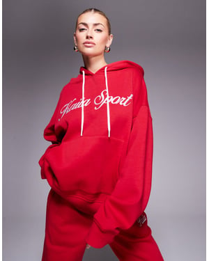 Kaiia bomullsmix sport broderad skriptlogotyp med dragsko hoodie set i röd och vit
