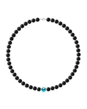 CHANCE Necklace - Genuine Round Freshwater Pearl 9-10 mm - BLUE TURQUOISE COLOR - 2 Silver