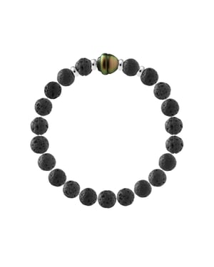 Tahitian Bracelet Natural Lava Stone - Genuine Tahitian Cultured Pearl 9-10 mm - 4 Silver 925