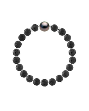 Tahitian Bracelet Natural Lava Stone - Genuine Round Tahitian Cultured Pearl 10-11 mm - 4 Silver