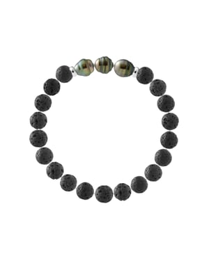 Tahitian Lava Stone Bracelet - 3 Genuine Tahitian Cultured Pearls 8-9 mm - 2 Silver 925