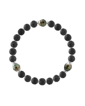Tahitian Bracelet Natural Lava Stone - 3 Genuine Tahitian Cultured Pearls 8-9 mm - 6 Sterling