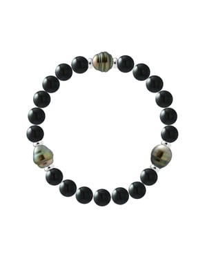 TAHITIAN BLACK ONYX Bracelet - 3 Genuine Tahitian Cultured Pearls 8-9 mm - 6 Silver 925