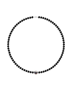 Tahitian Necklace Black Obsidian - Genuine Round Tahitian Cultured Pearl 10 mm - Silver 925 Millegrain