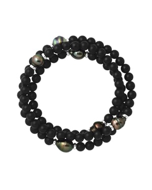 Tahitian Bracelet Triple Matte Black Agate - 6 Genuine Tahitian Cultured Pearls 8-9 mm - 12