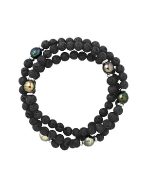Tahitian Bracelet Triple Natural Lava Stone - 6 Genuine Tahitian Cultured Pearls Encircled 8-9 mm