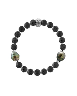 Tahitian Bracelet Natural Lava Stone - 2 Genuine Tahitian Cultured Pearls 9-10 mm + Solid Silver