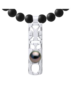 MATTE BLACK AGATE Necklace 6 mm Round with TIKI Pendant Tahitian Pearl 8-9 mm Round