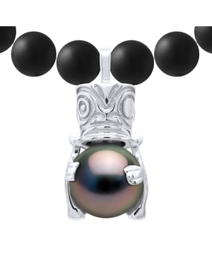 MATTE BLACK AGATE Necklace 6 mm Round with TIKI Pendant Tahitian Pearl Round 9-10 mm