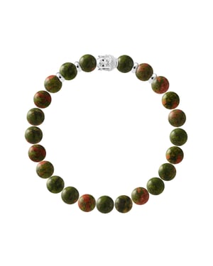 Tibetan BUDDAH Bracelet - CONTROL POWER - Genuine UNAKITE - BUDDAH and Rhodium-Plated 925 Silver Beads