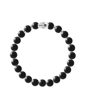 Bracelet - PROTECTION POWER - BLACK OBSIDIAN - Skull and Rhodium-Plated 925 Silver Beads - Elastic