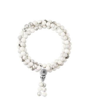 Tibetan Triple Row Bracelet - Concentration Power - Genuine White Howlite - Rhodium-Plated Solid 925 Silver