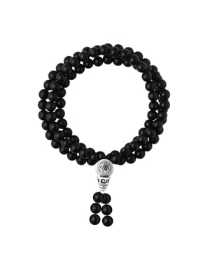 Tibetan Triple Row Bracelet - POWER OF LIBERATION - Genuine MATTE BLACK AGATE - Rhodium-Plated Solid